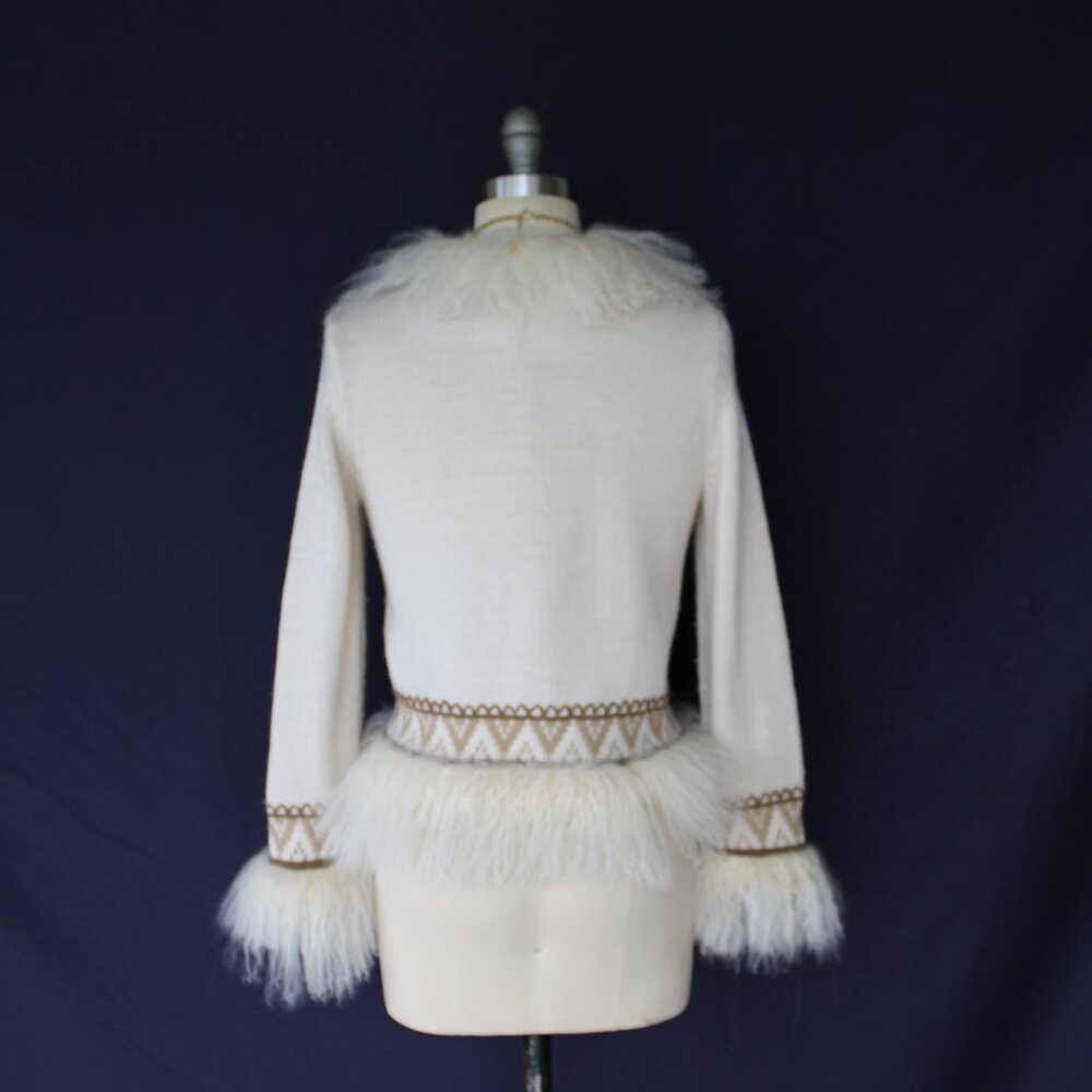 vintage Mongolian Curley lamb wool cardigan cowichan sweater jacket aplique M - Picture 10 of 12